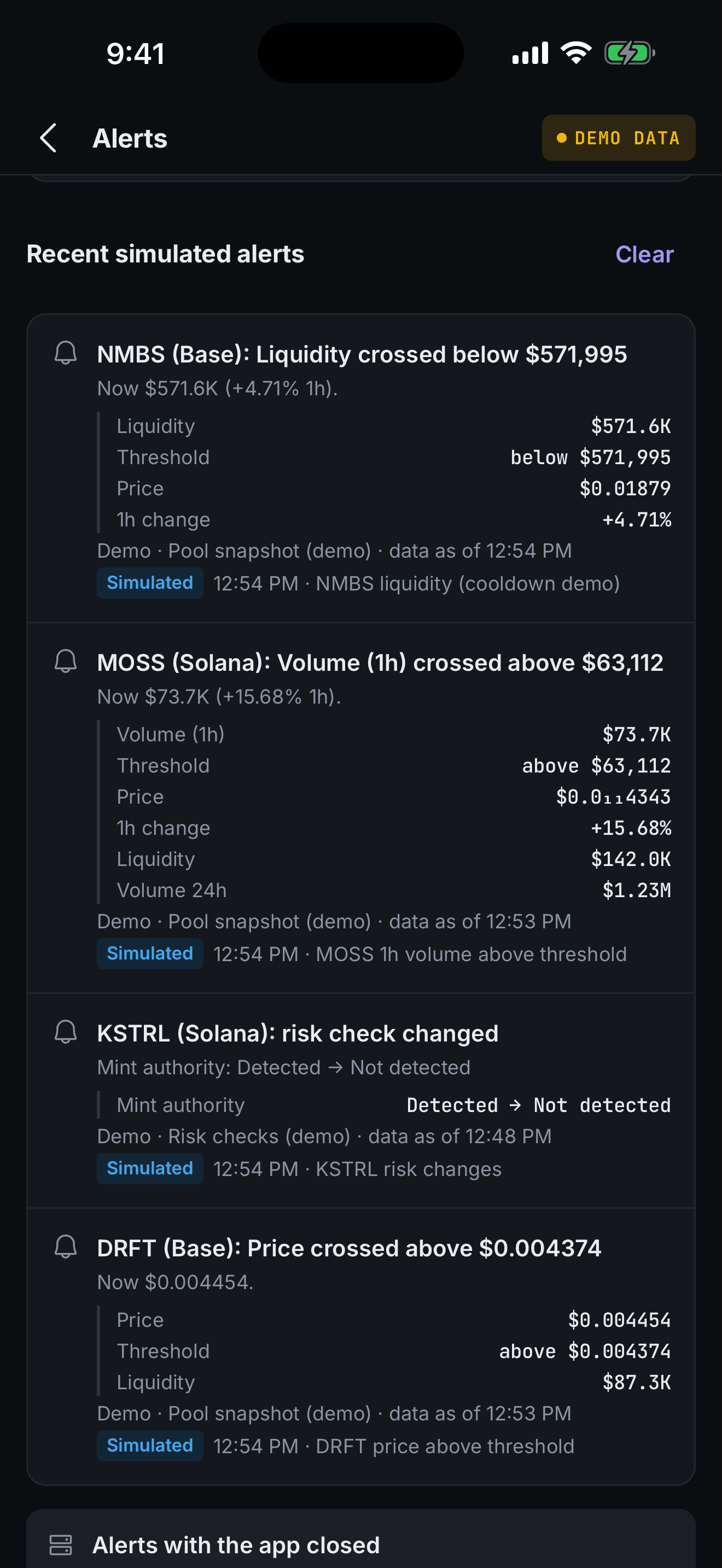 Unigem alert history: each alert lists the value, threshold, price, 1 hour change, liquidity, source and time that triggered it