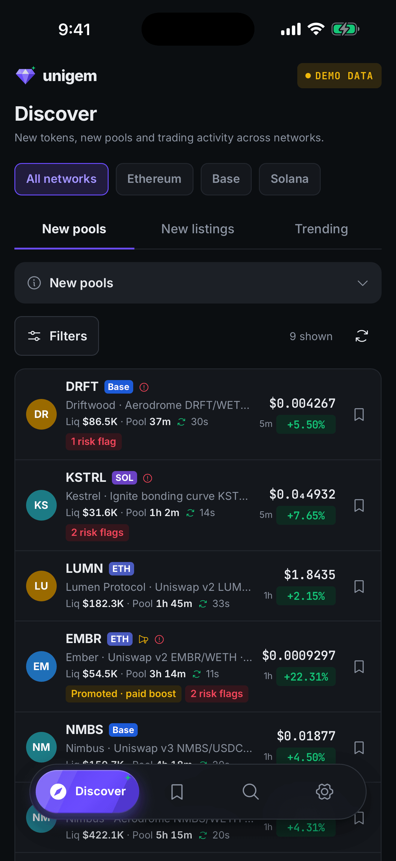 Unigem Discover screen listing new pools across Ethereum, Base and Solana with price, liquidity and pool age