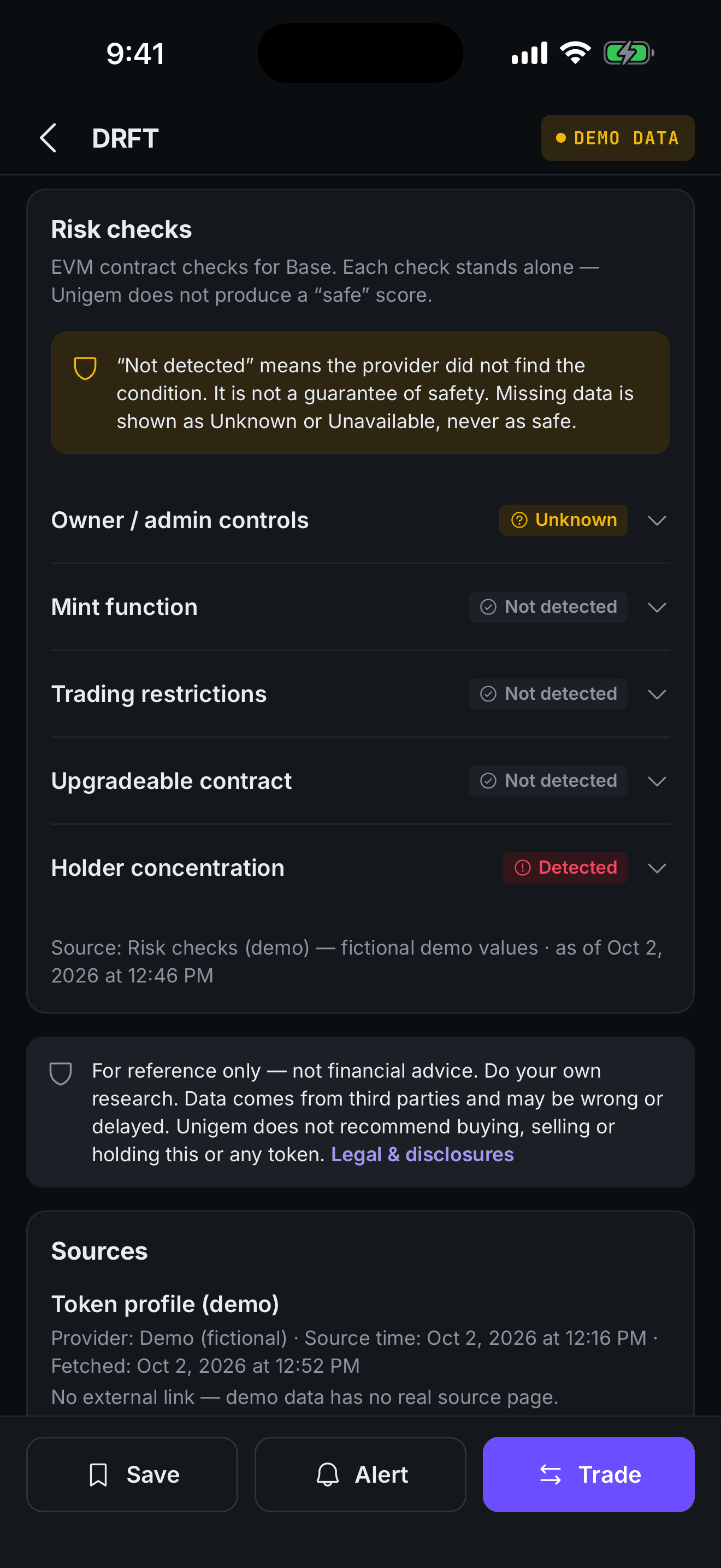 Unigem risk checks: owner controls, mint function, trading restrictions, upgradeable contract and holder concentration