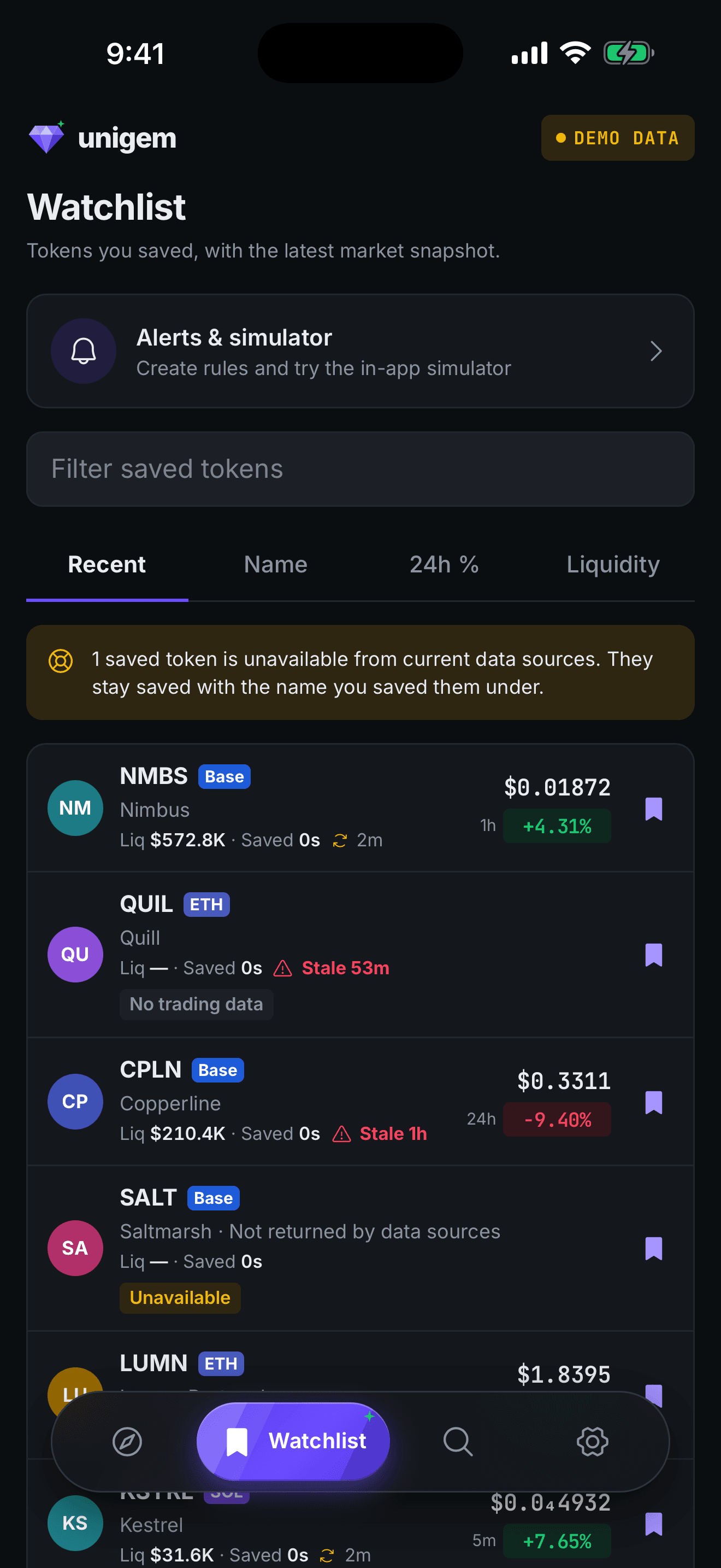 Unigem watchlist with saved tokens, latest prices and 24 hour changes